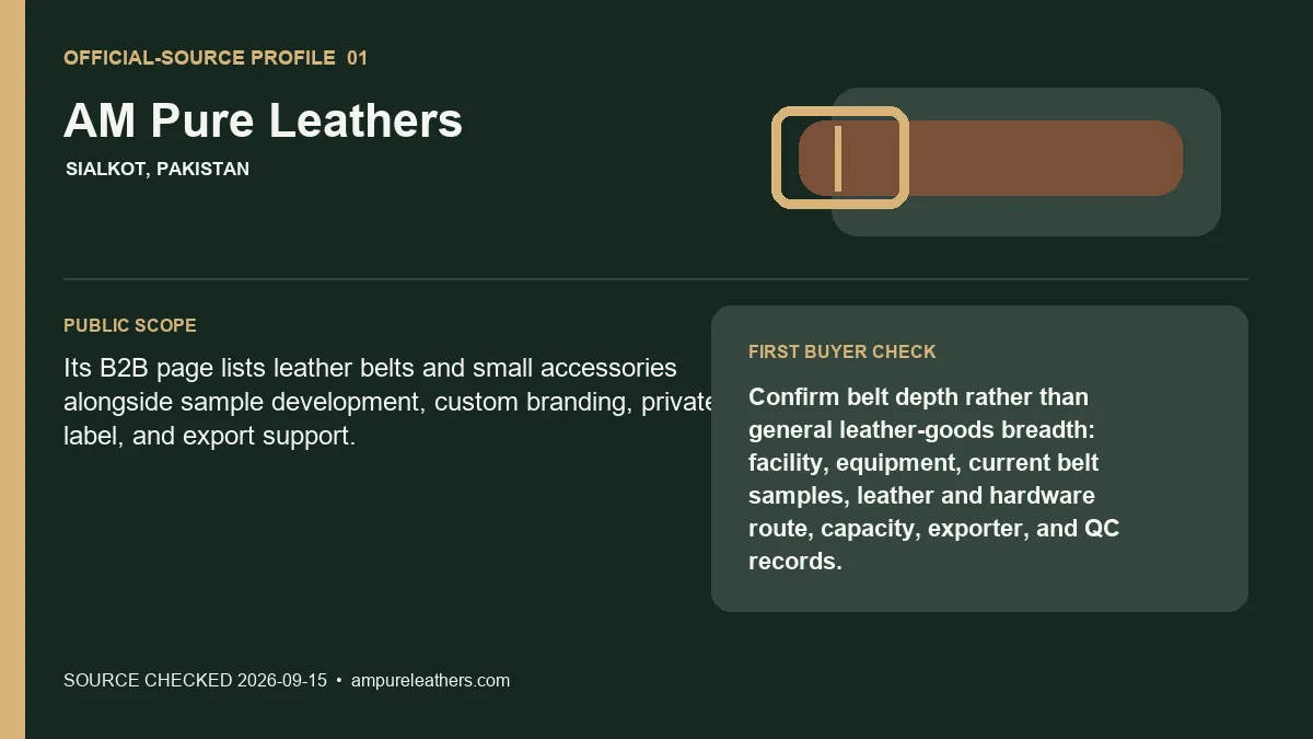 Official-source profile for AM Pure Leathers with public belt scope and buyer verification check