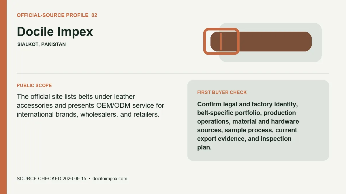 Official-source profile for Docile Impex with public belt scope and buyer verification check