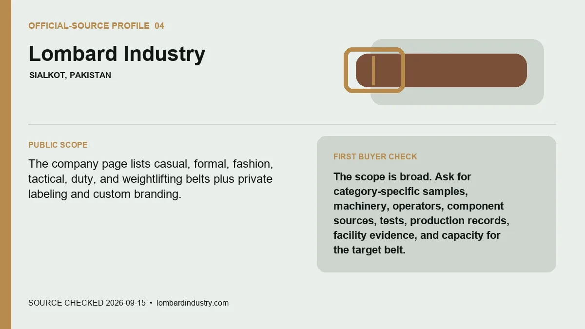 Official-source profile for Lombard Industry with public belt scope and buyer verification check