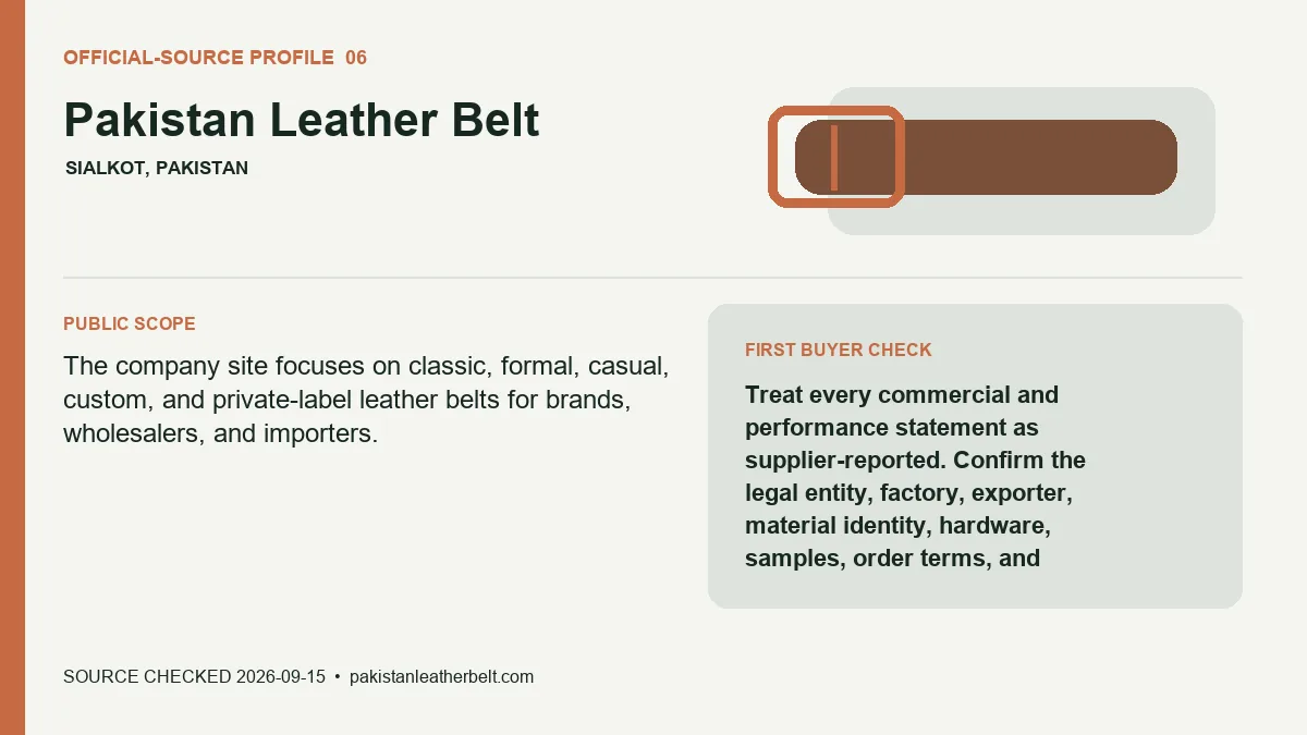 Official-source profile for Pakistan Leather Belt with public belt scope and buyer verification check