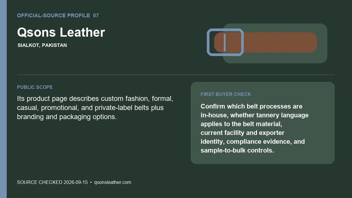 Official-source profile for Qsons Leather with public belt scope and buyer verification check