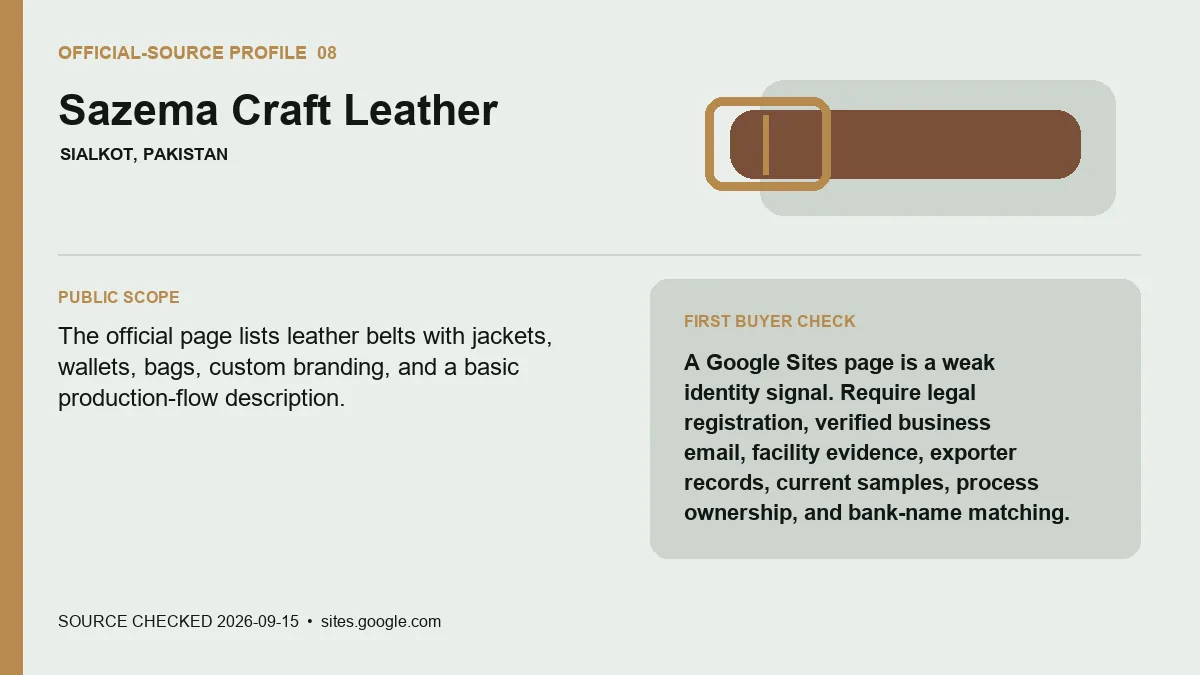 Official-source profile for Sazema Craft Leather with public belt scope and buyer verification check