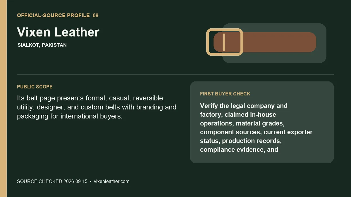 Official-source profile for Vixen Leather with public belt scope and buyer verification check