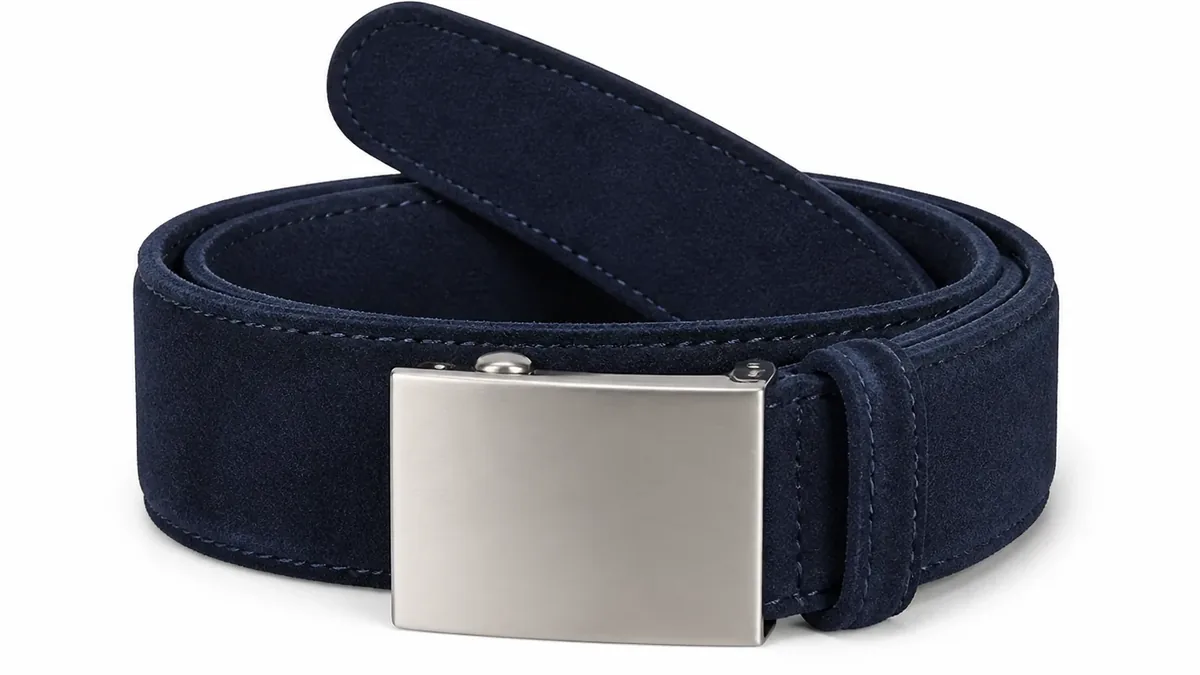 Finished navy suede belt with metal buckle