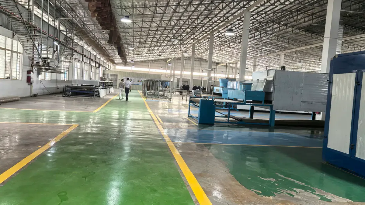 Spacious leather processing hall with marked production lanes
