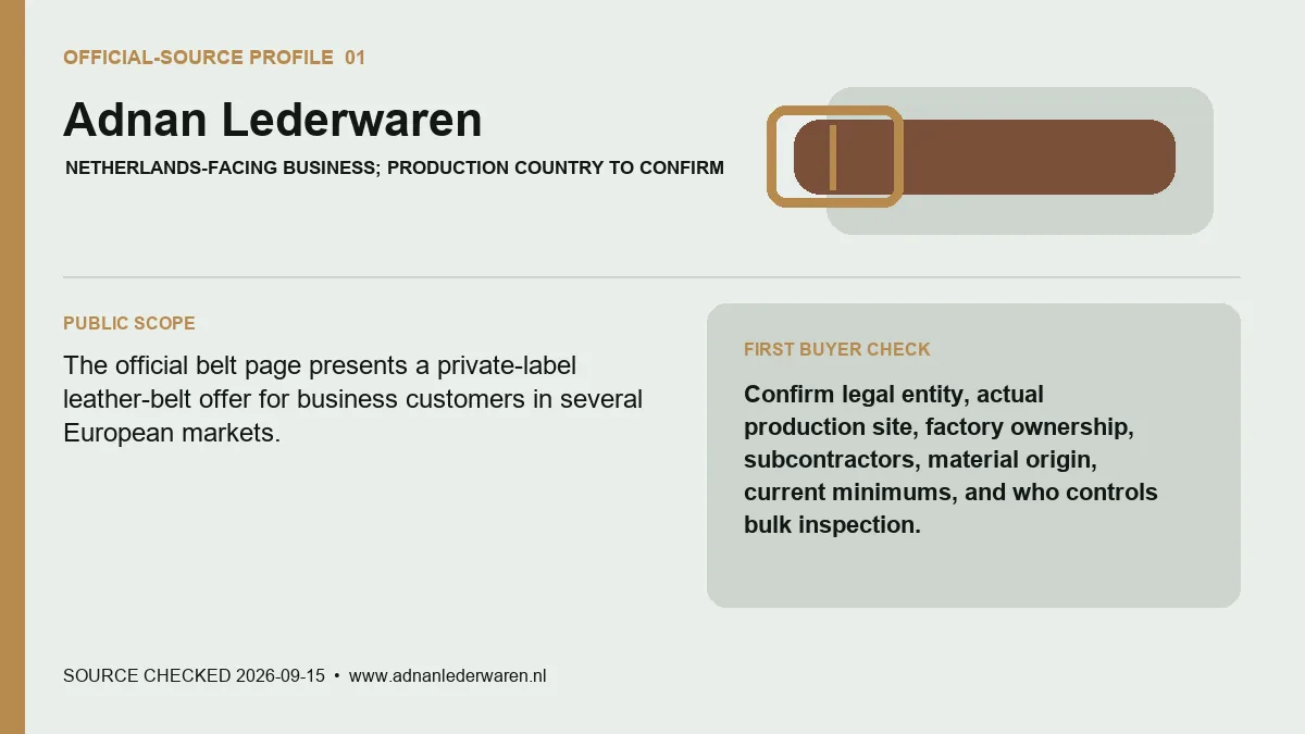 Official-source profile for Adnan Lederwaren with public belt scope and buyer verification check