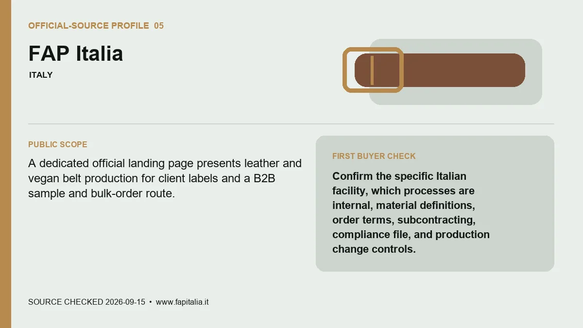 Official-source profile for FAP Italia with public belt scope and buyer verification check