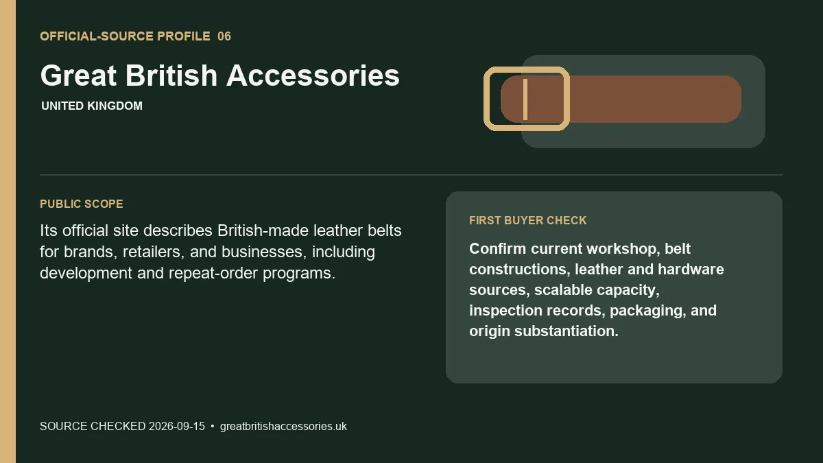 Official-source profile for Great British Accessories with public belt scope and buyer verification check