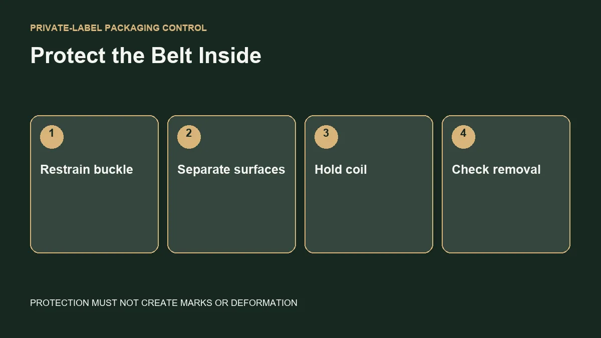 belt packaging controls for buckle restraint surface separation coil hold and removal checks