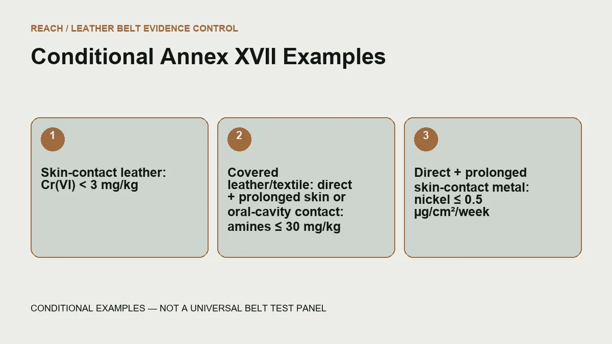 conditional Annex XVII thresholds with leather textile oral-contact and skin-contact scopes