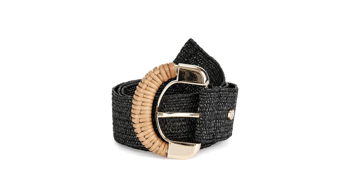 Black and beige woven belt with leather trim and metal buckle