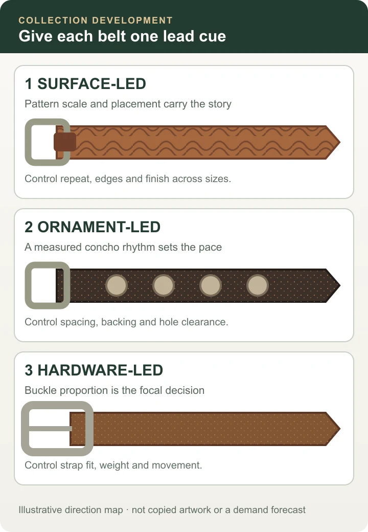 Illustrative Western belt range showing separate surface-led, concho-led and hardware-led design directions