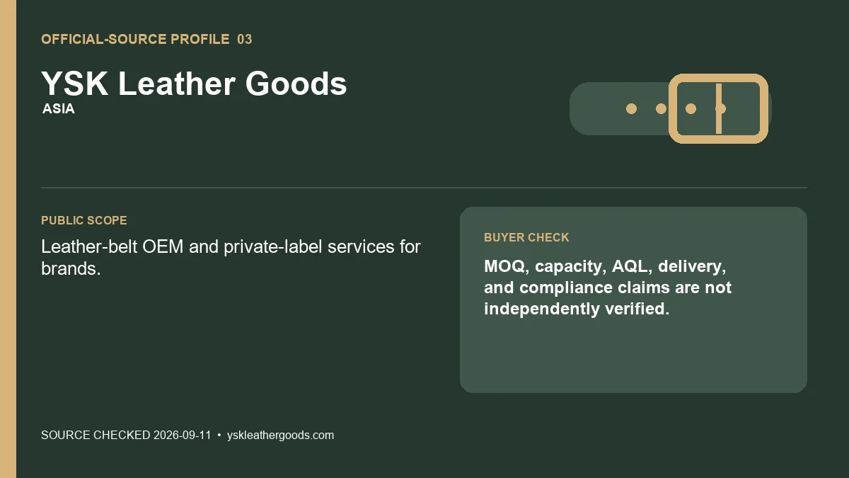 Official-source profile card for YSK Leather Goods showing its belt OEM scope and buyer verification check