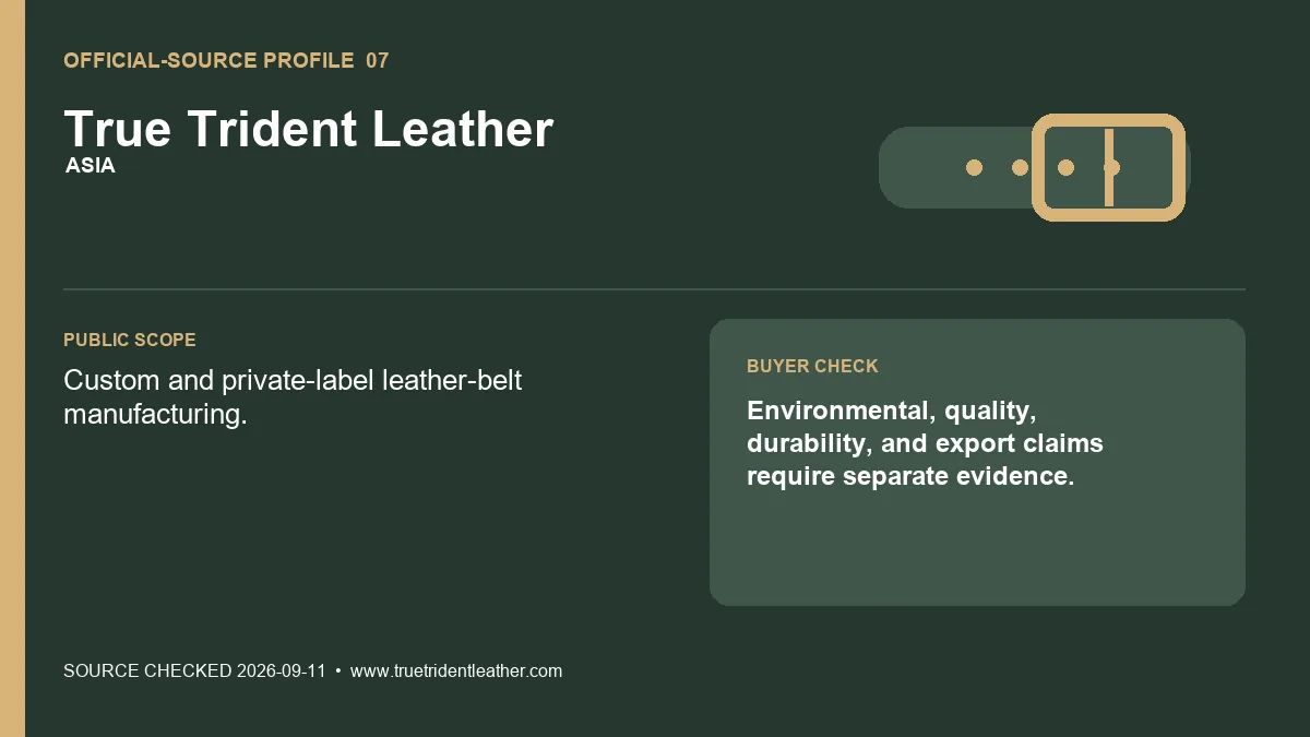 Official-source profile card for True Trident Leather showing its private-label belt scope and evidence check