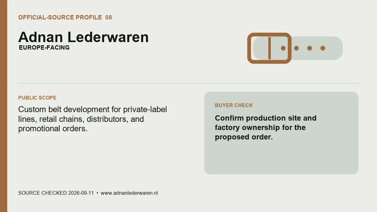 Official-source profile card for Adnan Lederwaren showing its custom belt scope and production-site check