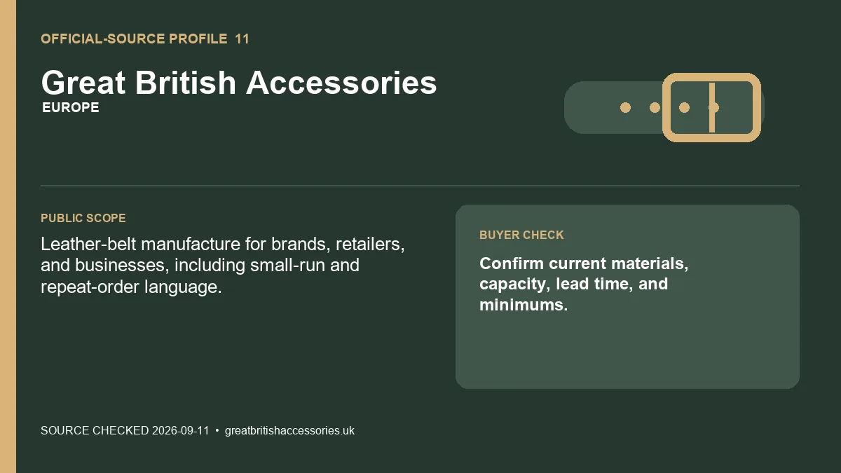 Official-source profile card for Great British Accessories showing its leather belt scope and current-terms check
