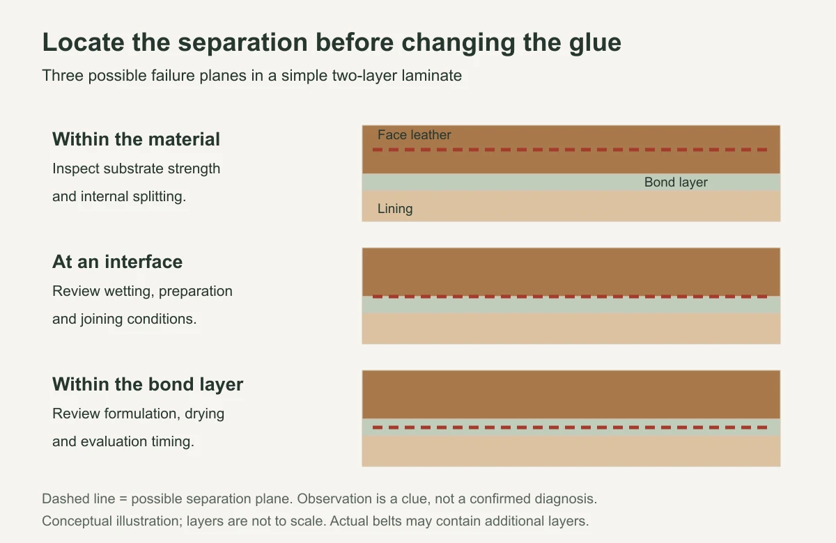 Diagram distinguishing separation inside leather, at the bonding interface and within the adhesive layer