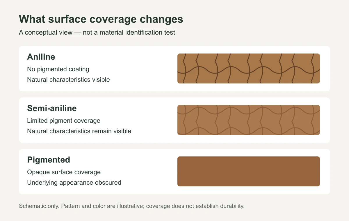 Conceptual comparison of aniline, semi-aniline and opaque pigmented surface coverage