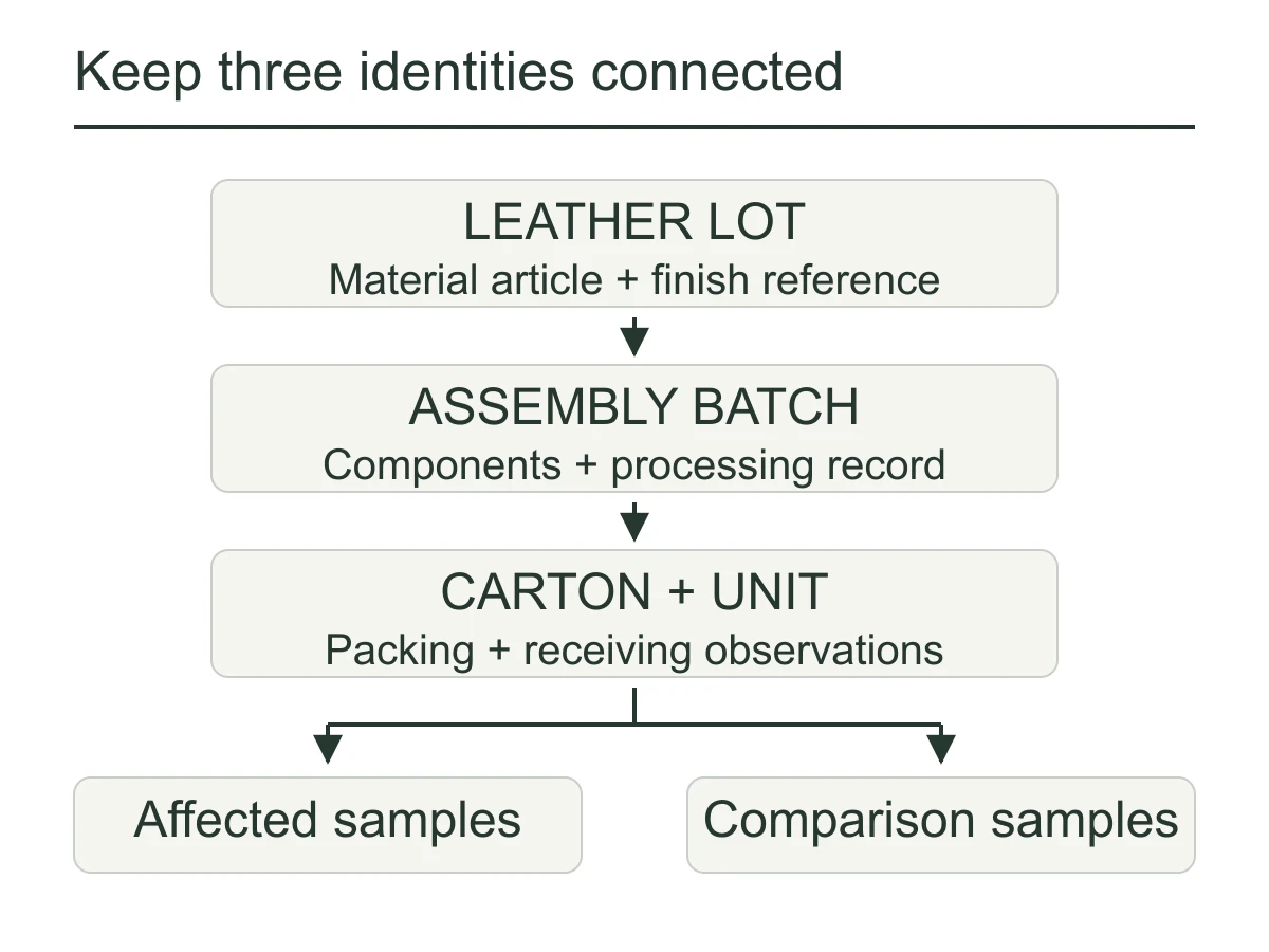 Illustrative lot map linking a leather batch, assembly batch and individual cartons to affected and comparison samples