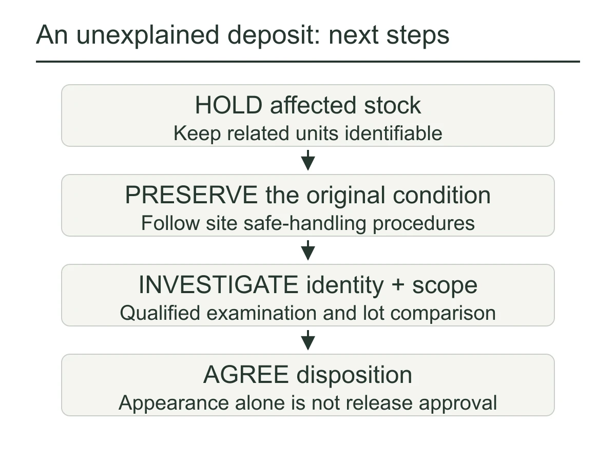 Receiving workflow separating an unexplained leather deposit from investigation and an authorized release decision
