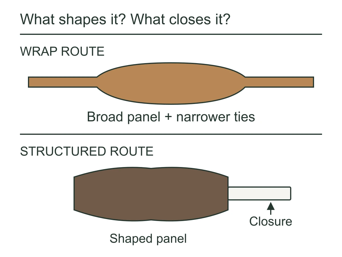 Conceptual comparison of a broad wrap panel with ties and a shaped fashion panel with a separate closure