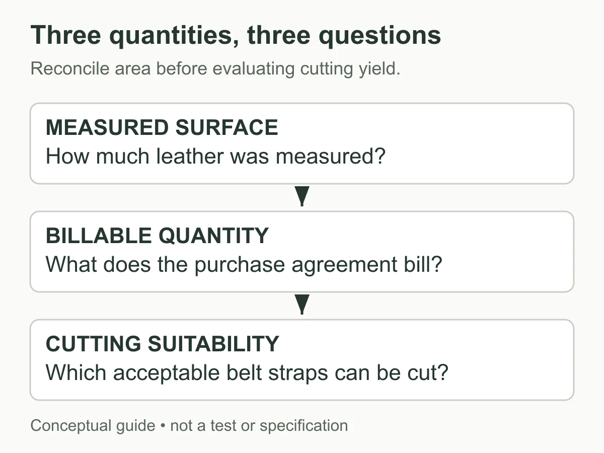 Diagram separating measured leather surface, contractual billing quantity and usable belt-cutting area