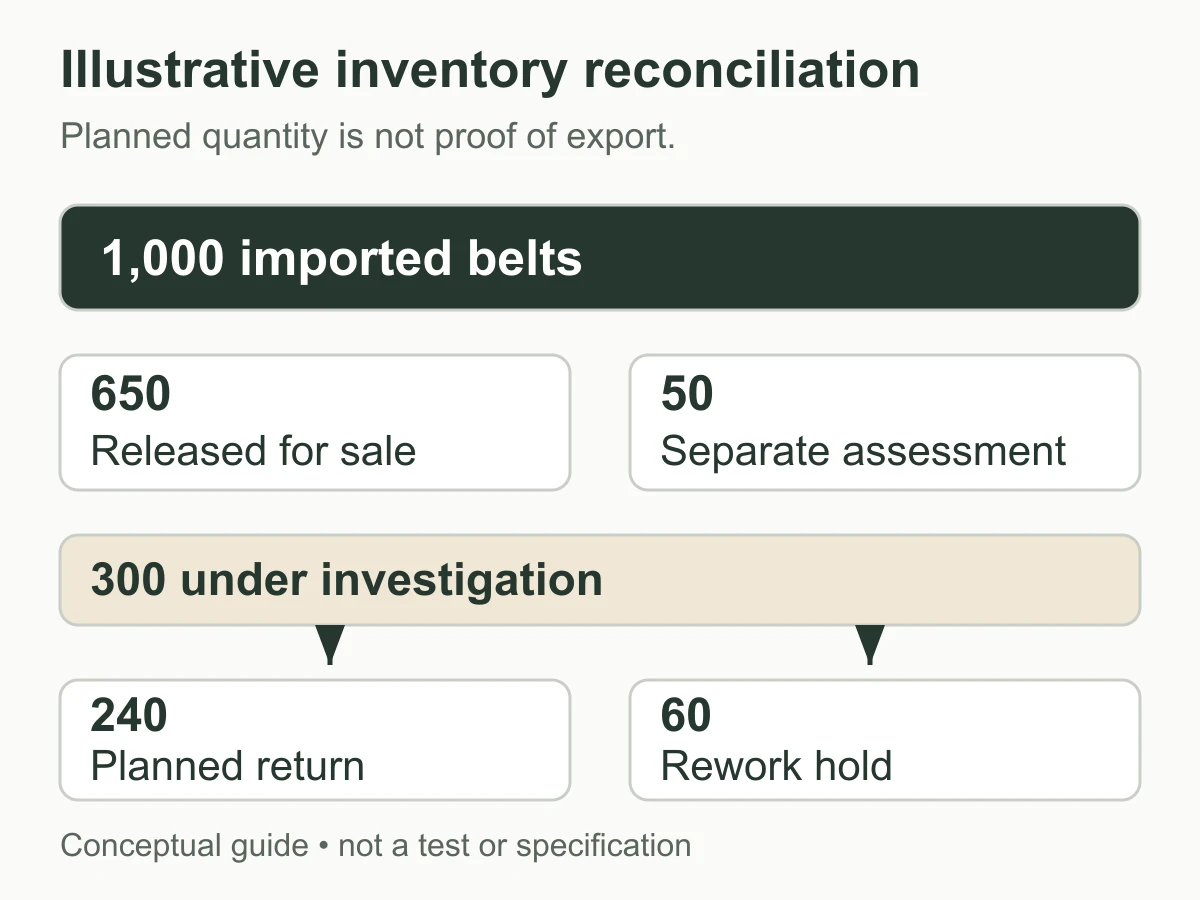 Illustrative 1,000-belt inventory divided into sale, separate assessment, planned return and rework hold