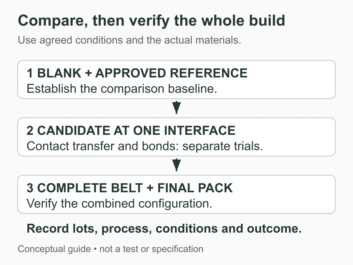 Development comparison progressing from a blank and reference through a candidate contact sample to a finished packed belt