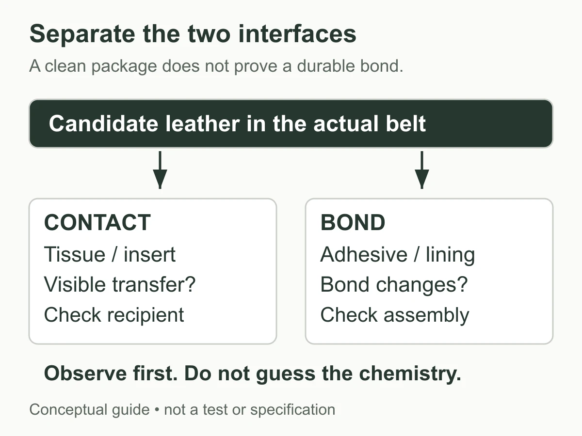 Separate paths from a leather belt to packaging contact and to an internal adhesive bond