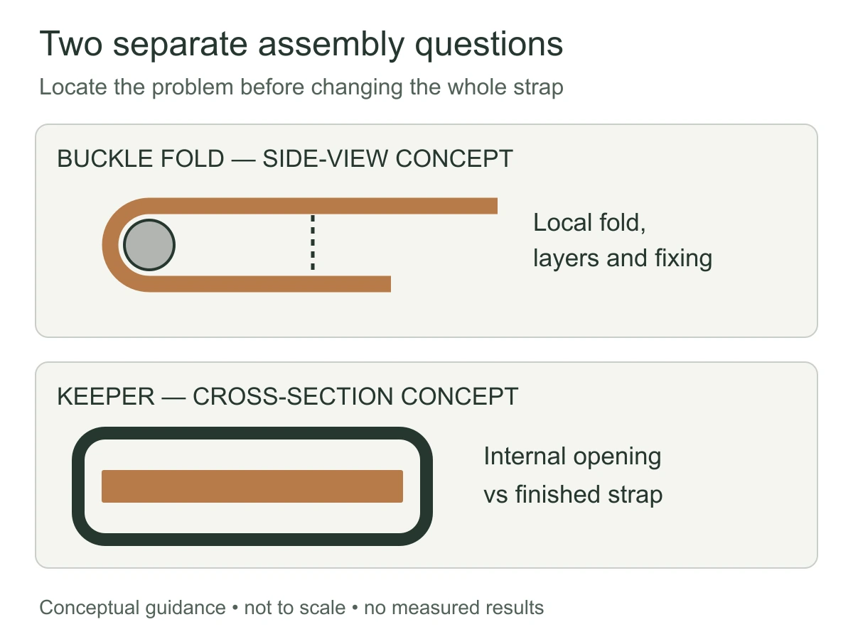 Conceptual belt review showing a local buckle fold and a separate keeper opening as distinct fit checkpoints