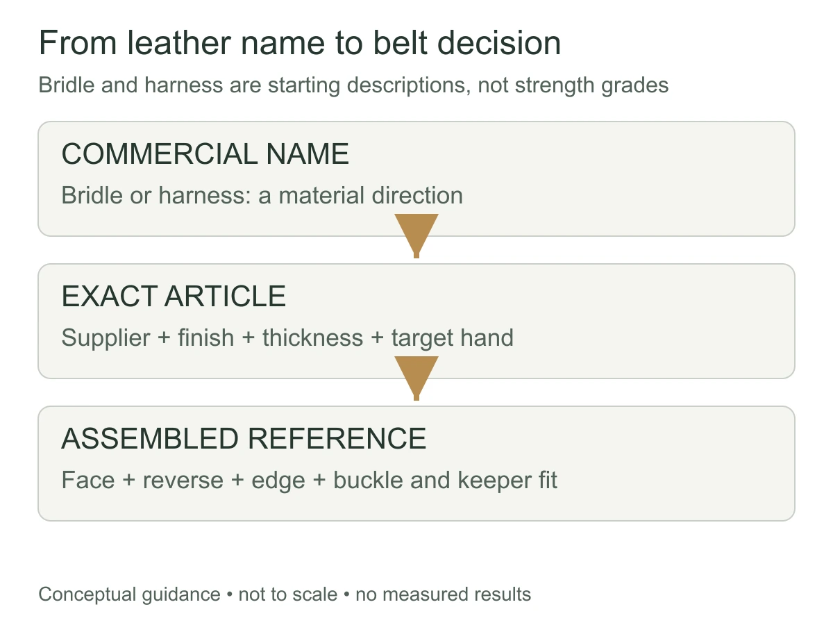 Material selection diagram moving from bridle or harness name to exact article and then to an assembled belt sample