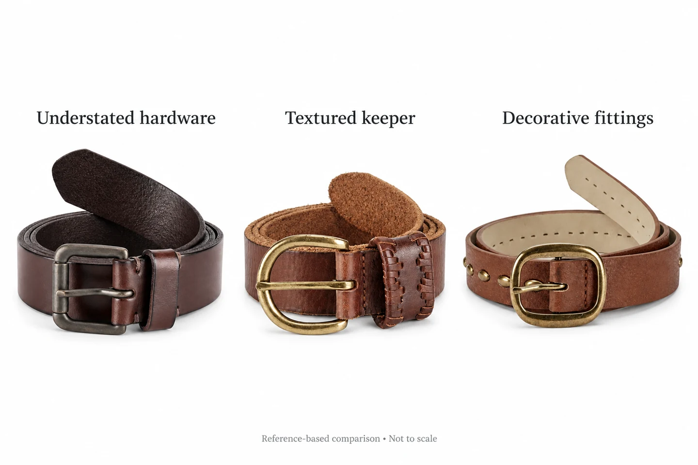 Three reference-based belt views comparing understated hardware, a laced keeper and decorative fittings
